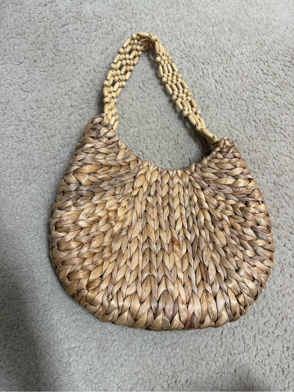 Woven Straw Shoulder Bag with Beaded handle Strap